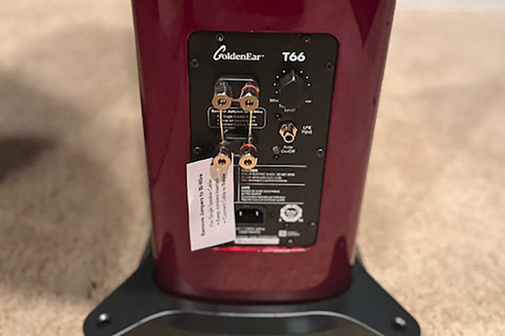 A look at the binding posts of the GoldenEar T66 audiophile loudspeaker 