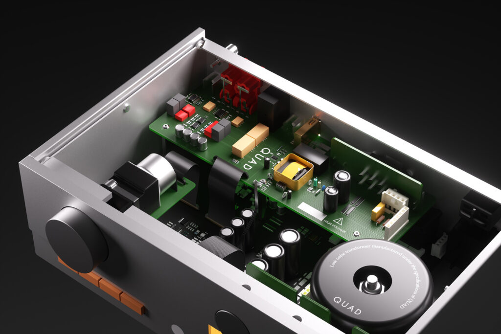 A topless view of the Quad 33 preamp.