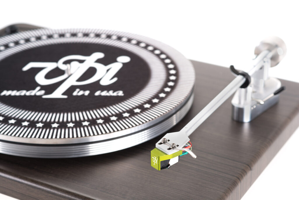 The yellow cartridge really stands out on the elegant VPI Cliffwood Turntable