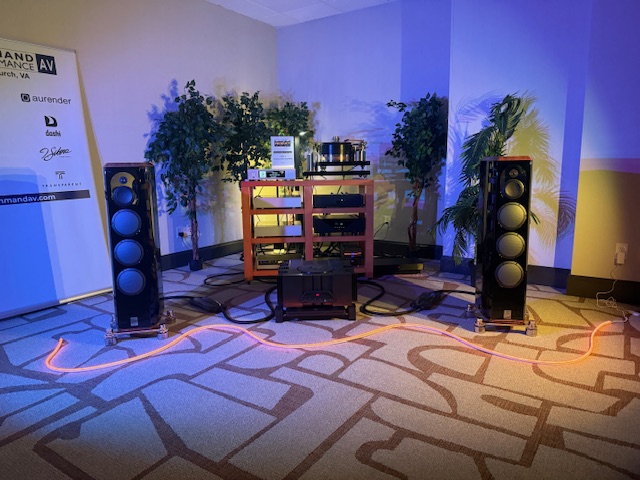 Check out the cool LED rope light on the floor designed to add a little visual interest in a dim, audiophile listening roo,.