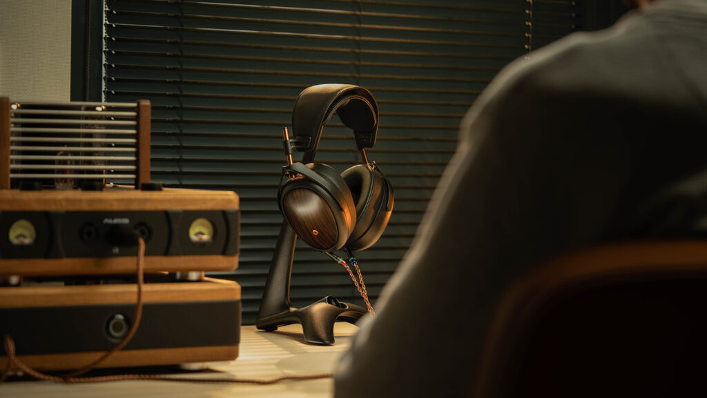 The $2,000 Meze Liric wired headphones on a stand installed nicely.