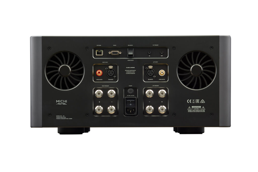 Studio look at the rear of the Michi S5 power amp.