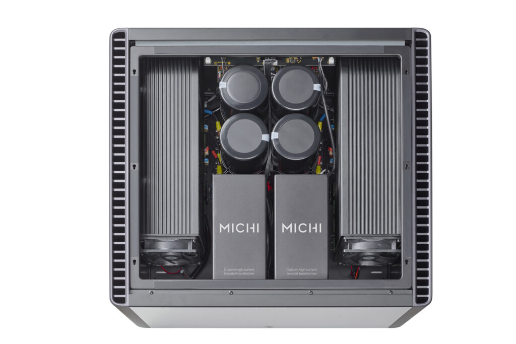 A topless look down on the Michi S5 power amp.