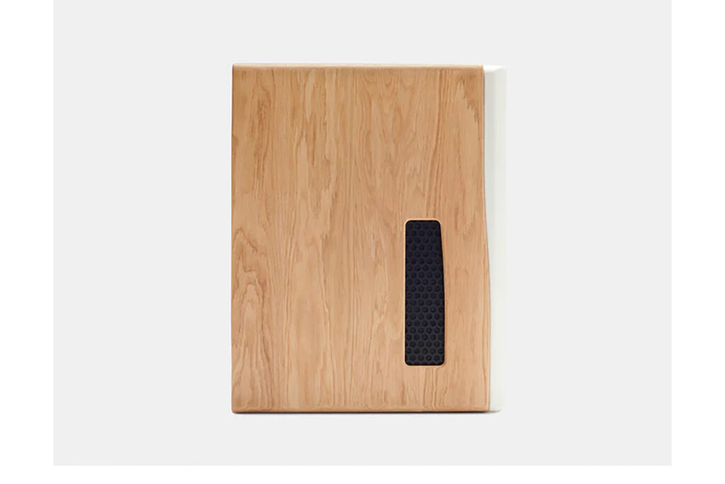 A side view of the Dutch & Dutch 8c speakers in a wood finish.