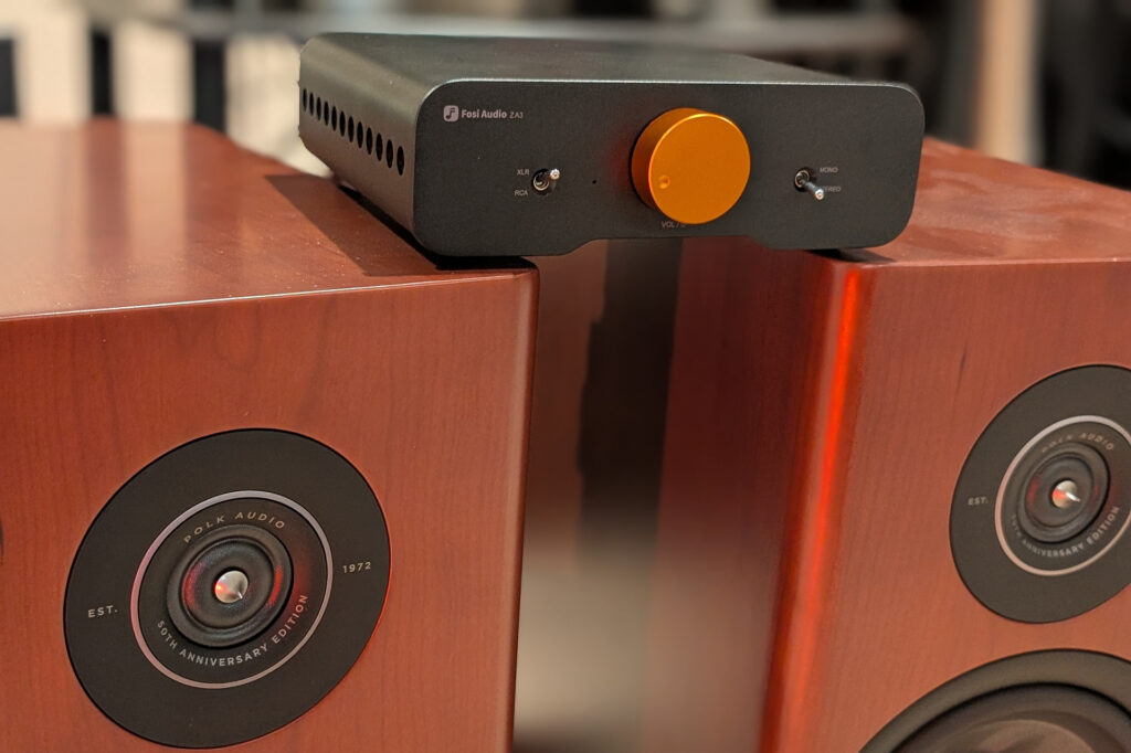 The Fosi ZA3 on top of a pair of Polk speakers at Michael Zisserson's listening room.