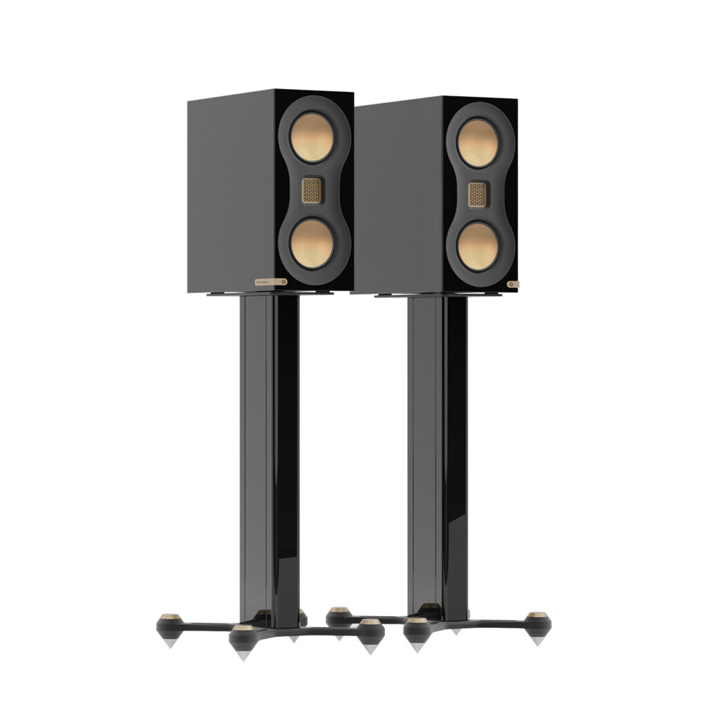 A pair of Monitor Audio Studio 98 speakers stand mounted