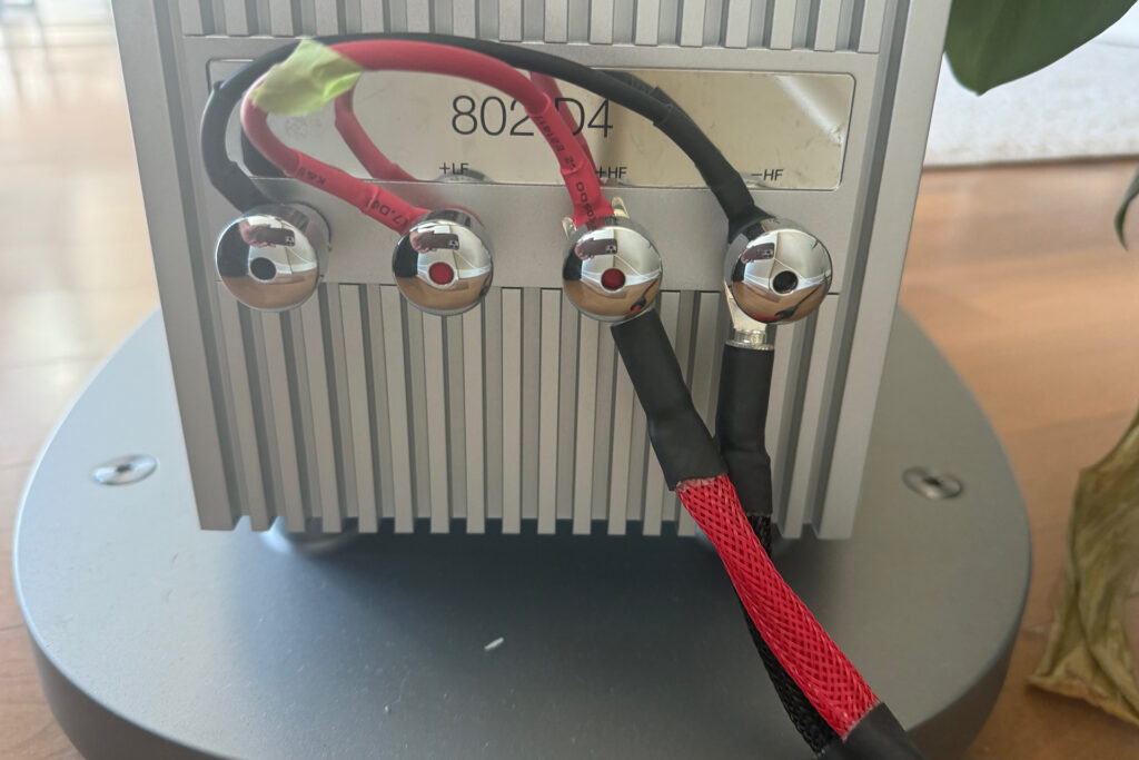 Wireworld speaker cables feeding Jerry Del Colliano's Bowers & Wilkins 802 D4 speakers. 