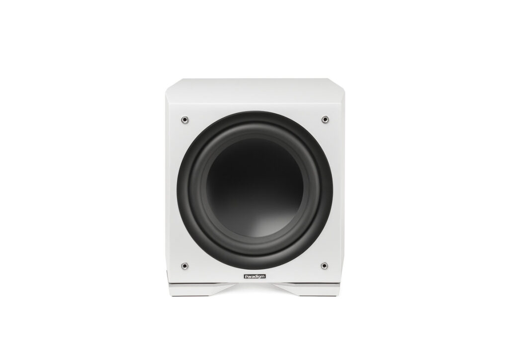 The Paradigm Defiance S12 subwoofer is striking in white.