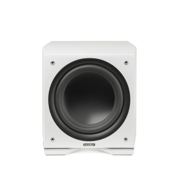 The Paradigm Defiance S12 subwoofer is striking in white.