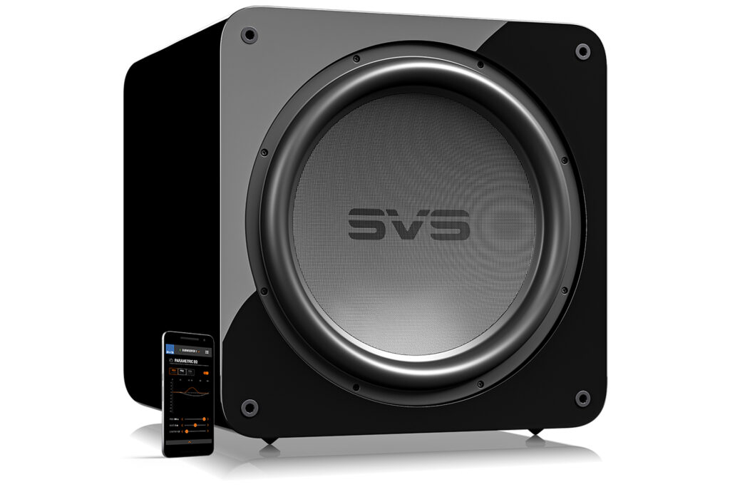 The SVS SB17 with a smartphone showing their clever setup app.