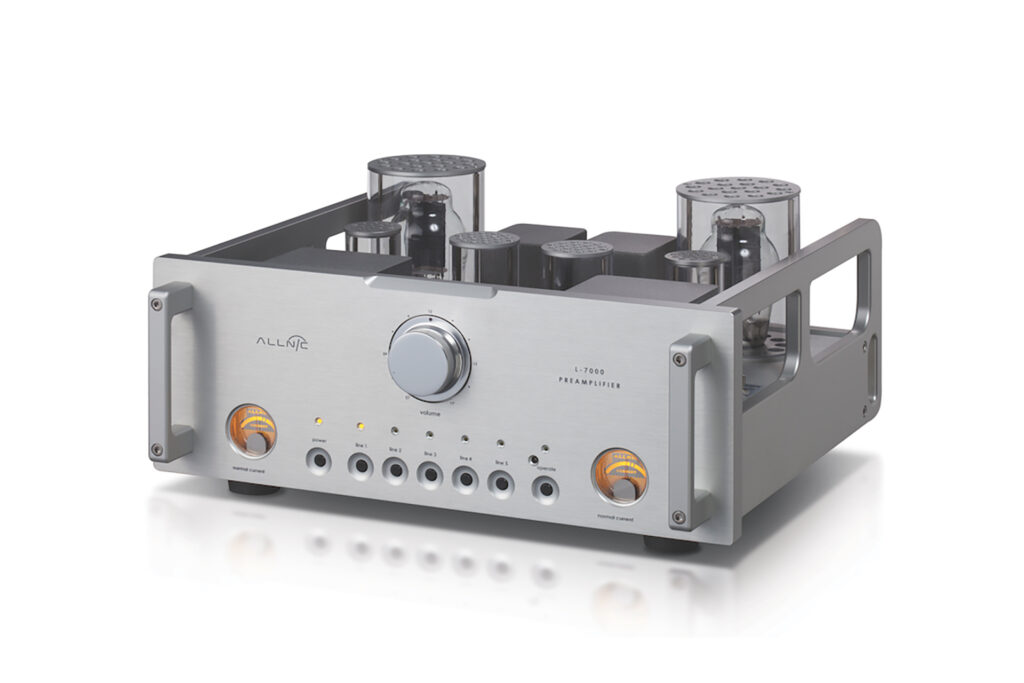 The Allnic L-7000 tube stereo preamp in silver.