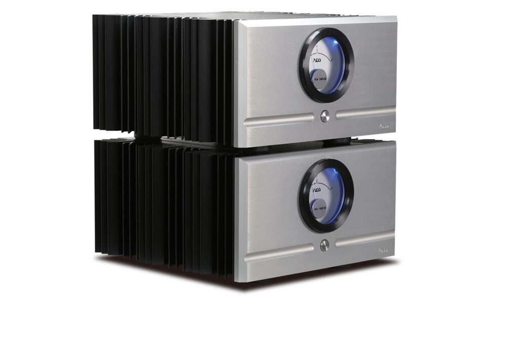 The Pass Labs XA 160.8 mono amps stacked.