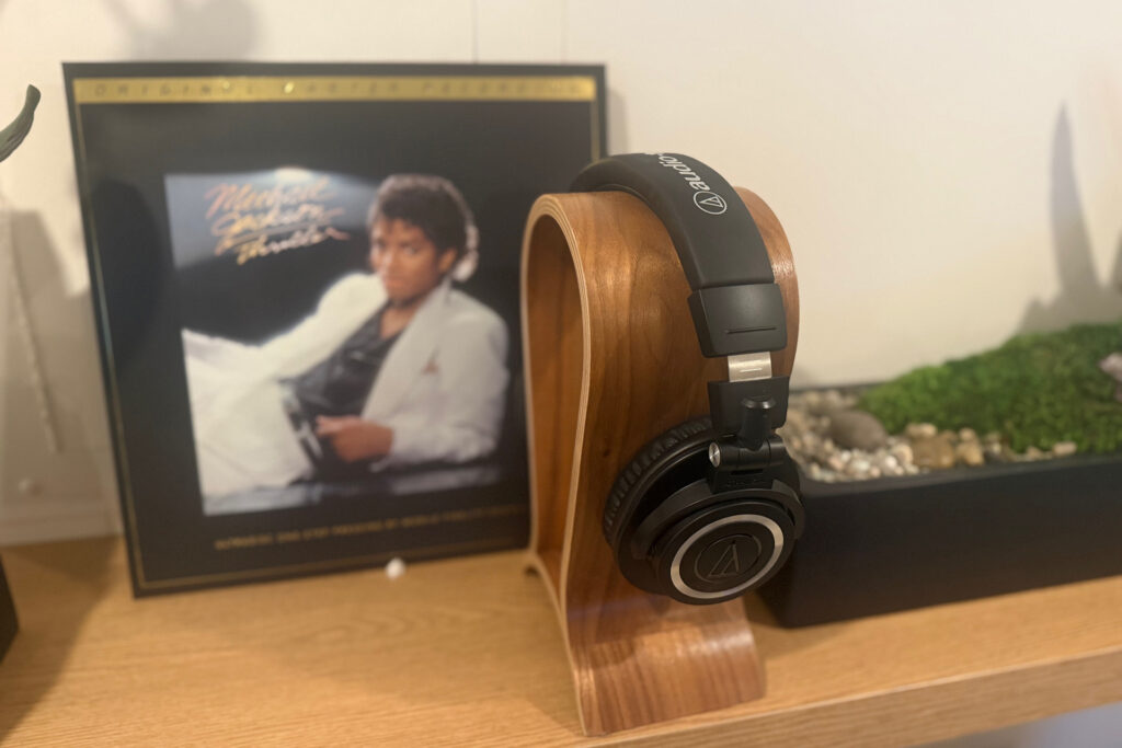 The AudioTechnica-ATH-M50xBT headphones posing in Jerry Del Colliano's growing collection of wireless headphones.