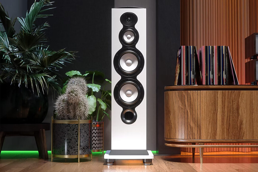 The IsoAcoustics Gaia 1 Neo feet neatly installed out in the wild.
