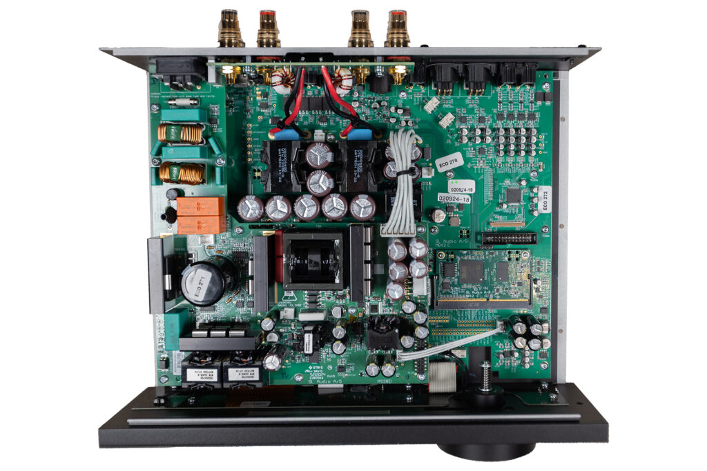A top-down, cover-off view of the Lyngdorf TDAI-2210