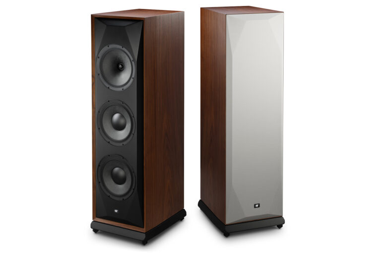 Two looks at the MOFI SourePoint V10 speakers in a wood finish.