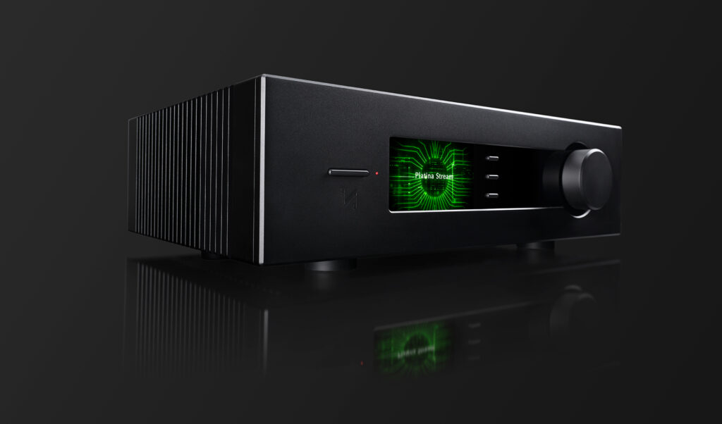 The Quad Platina Music Streamer in black with its screen lit up nicely.