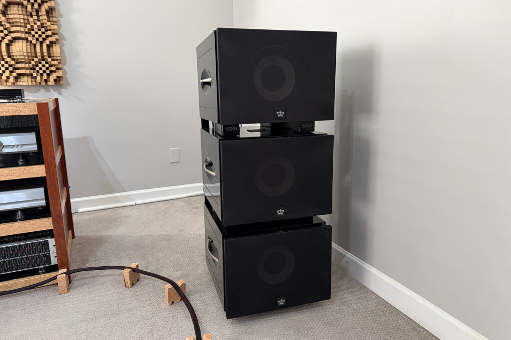 A close up of the REL S/550 Six Pack Line Array Sub Bass System at Paul Wilson's home.