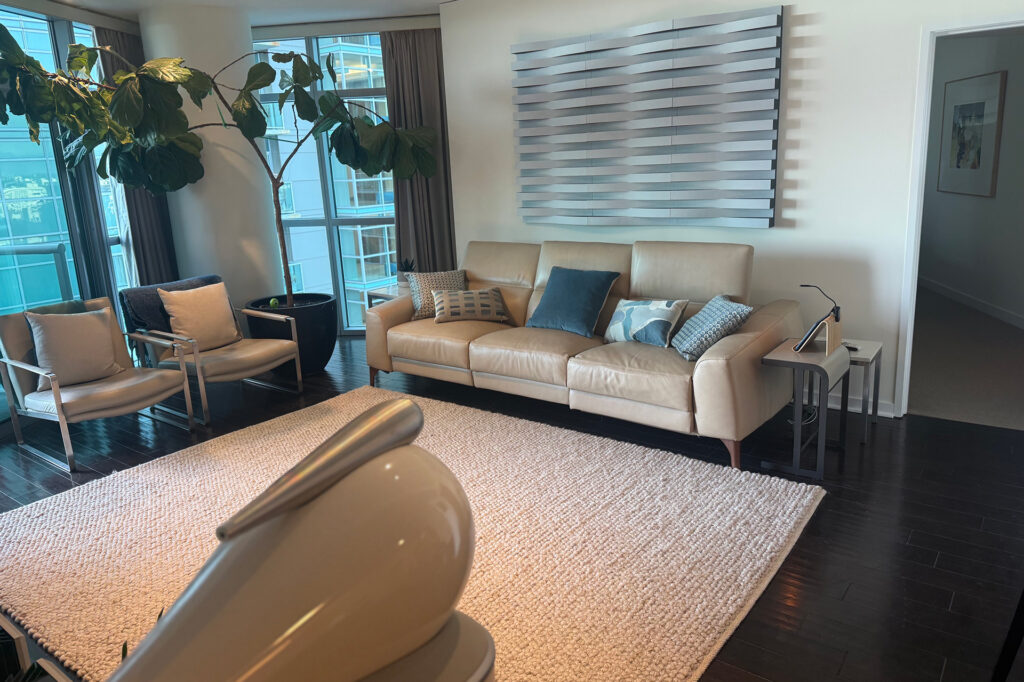 A view from behind Jerry's Bowers & Wilkins speakers towards the seating. Many guest think the Sonitus room treatments are objects D'art. 