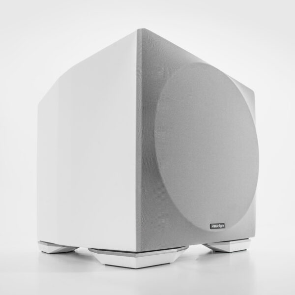 The Paradigm Defiance 10 subwoofer in white.