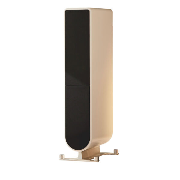 The PS Audio Aspen FR10 speakers in an ivory or off-white finish.