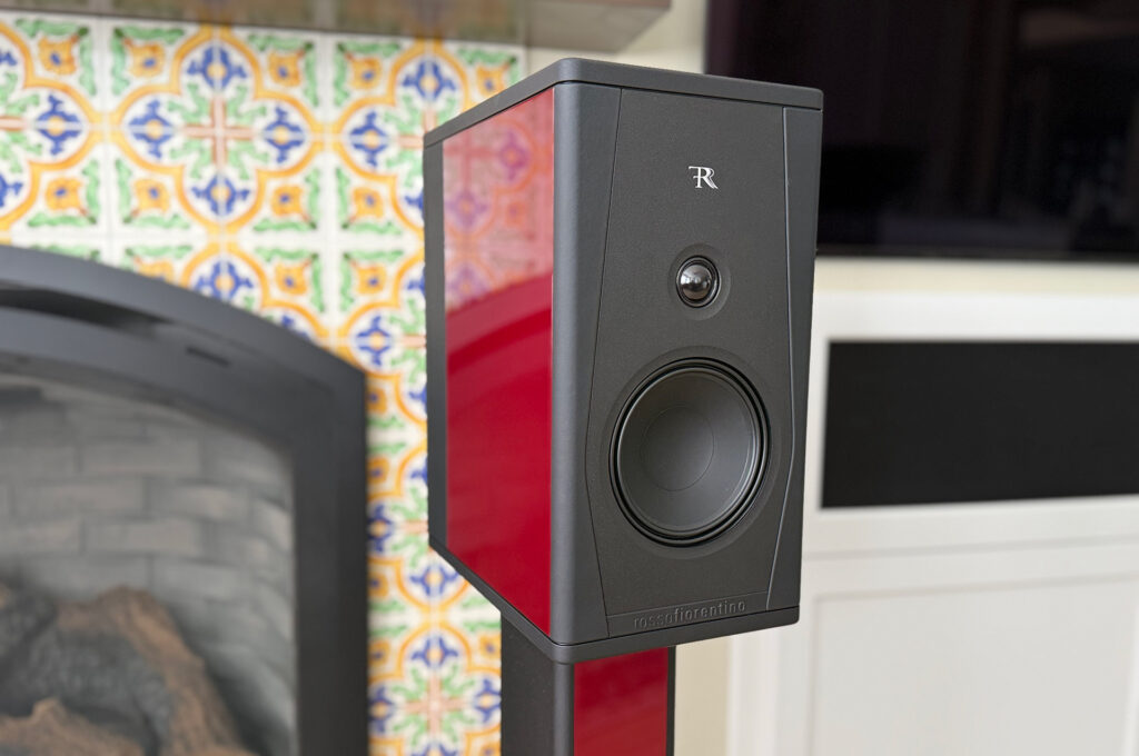 The Rosso Fiorentino Arno 20 speakers in red at Bob Barrett's home in California.