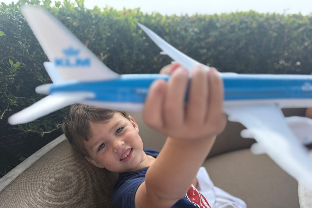Jerry's young son with a model Boeing 787-9 Dreamliner from his recent trip to Denmark, Italy and The Netherlands.