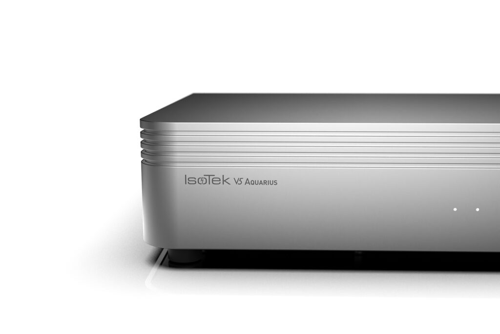 The IsoTek V5 Aquarius power line cleaner in silver.