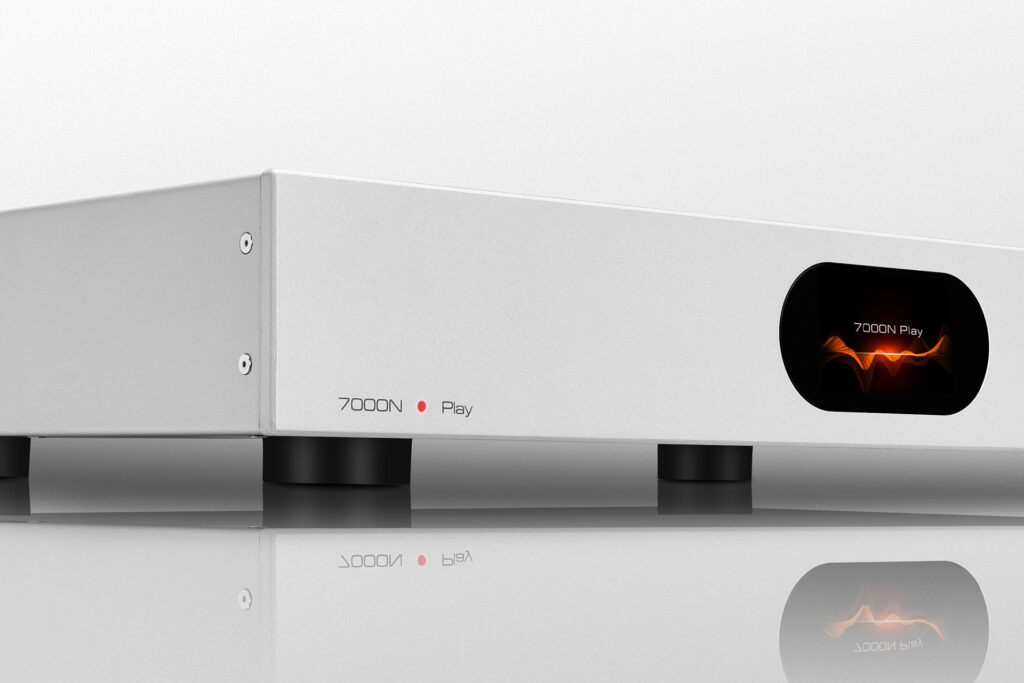 The Audiolab 7000N music streamer with its display on display.